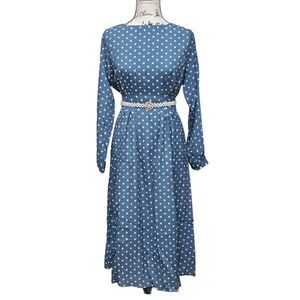 💙 NWT Modest Retro Vintage Polka Dot Long Sleeve Blue Midi Dress SIZE L